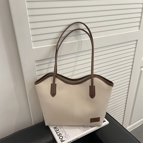 Bolso Tote Gran Capacidad Cuero PU Guijarro Color Contraste Minimalista Bolso De Hombro Axila Para Mujer Diario Viaje Al Trabajo