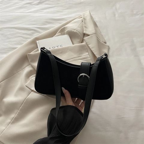 Damen Retro PU Leder Crescent Schultertasche Minimalistische Wildlederstruktur Achseltasche Mit Schnallendekor Vintage Mode Baguette Tasche