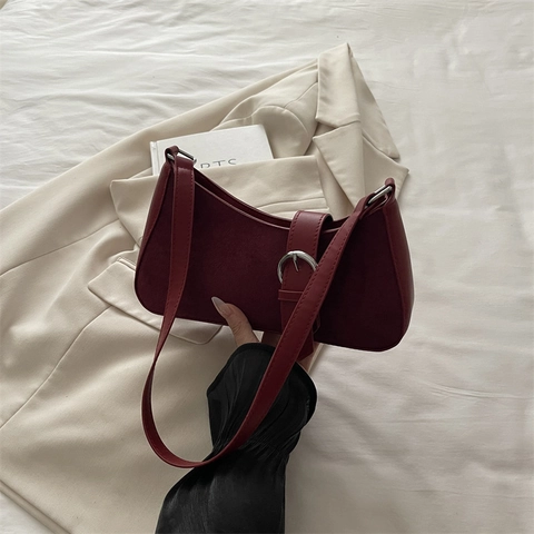 Damen Retro PU Leder Crescent Schultertasche Minimalistische Wildlederstruktur Achseltasche Mit Schnallendekor Vintage Mode Baguette Tasche