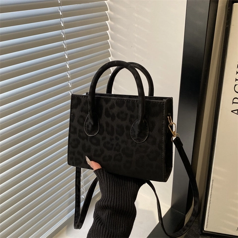 Leopard Print Faux Suede Handbag Crossbody Square Bag Vintage Fashion Women Tote Gold Hardware