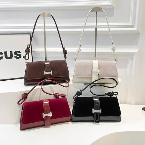 French Vintage Suede PU Patchwork Underarm Bag For Women Minimalist H-Buckle Shoulder Crossbody Bag Knotted Strap Handbag