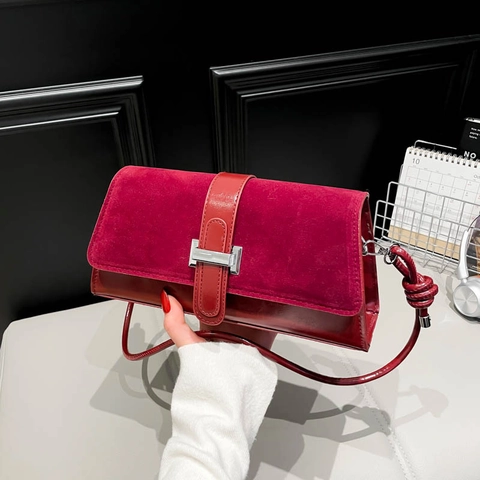 French Vintage Suede PU Patchwork Underarm Bag For Women Minimalist H-Buckle Shoulder Crossbody Bag Knotted Strap Handbag