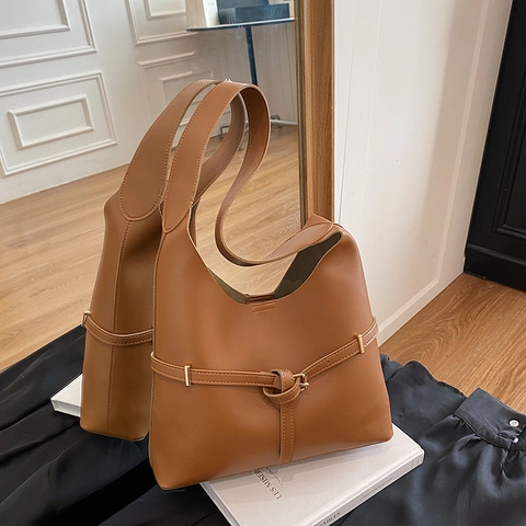 Bolso de Hombro de Cuero PU Vintage para Mujer Gran Capacidad Minimalista Hobo Tote Con Hebilla de Cinturón Decorativa