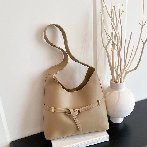 Bolso de Hombro de Cuero PU Vintage para Mujer Gran Capacidad Minimalista Hobo Tote Con Hebilla de Cinturón Decorativa