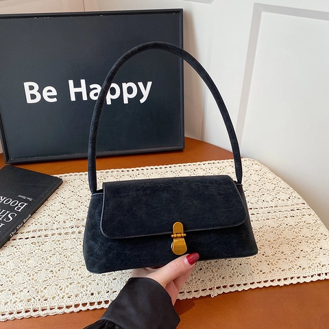 Vintage PU Leather Underarm Bag For Women Minimalist Solid Color Shoulder Bag With Gold Metal Lock Fashion Handbag Gift