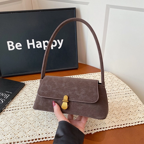 Vintage PU Leather Underarm Bag For Women Minimalist Solid Color Shoulder Bag With Gold Metal Lock Fashion Handbag Gift