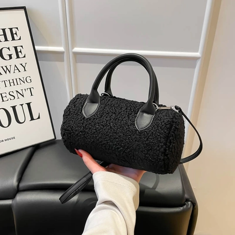 Damen Plüsch Barrel Bag Lammwolle Faux Shearling Boston Handtasche Mit PU Lederband Winter Casual Kleine Umhängetasche