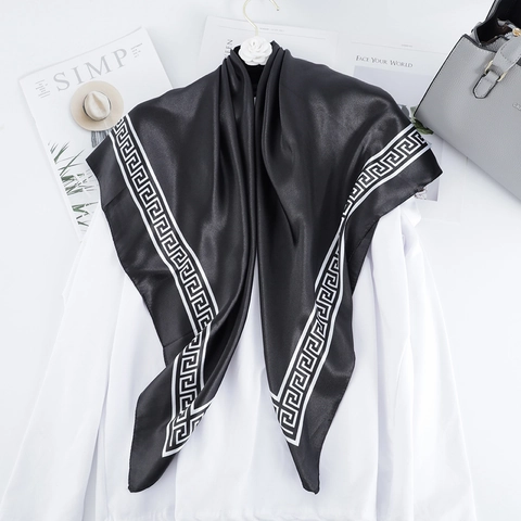 Foulard Carré Pour Femmes Satin Sensation Satin Polyester Motif Méandre Grec Écharpe De Tête Accessoires De Mode Élégants