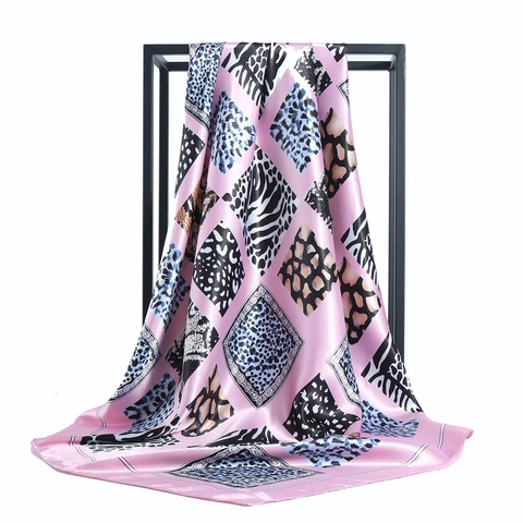 Damen Großes Quadratisches Satin Tuch Seidengefühl Kopftuch Künstlerisch Tierdruck Leopard Zebra Patchwork Eleganter Schal Wrap