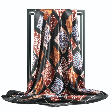 Damen Großes Quadratisches Satin Tuch Seidengefühl Kopftuch Künstlerisch Tierdruck Leopard Zebra Patchwork Eleganter Schal Wrap
