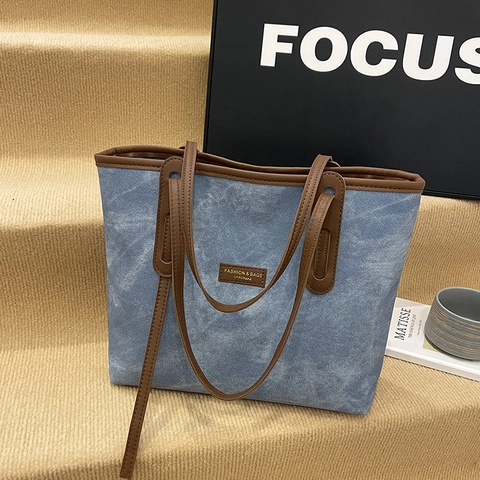 Women's Large Capacity Tote Bag Retro PU Leather Contrast Stitching Shoulder Bag Casual Commuting Handbag Solid Color Versatile Daily Bag