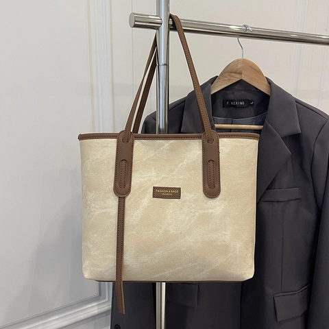 Women's Large Capacity Tote Bag Retro PU Leather Contrast Stitching Shoulder Bag Casual Commuting Handbag Solid Color Versatile Daily Bag