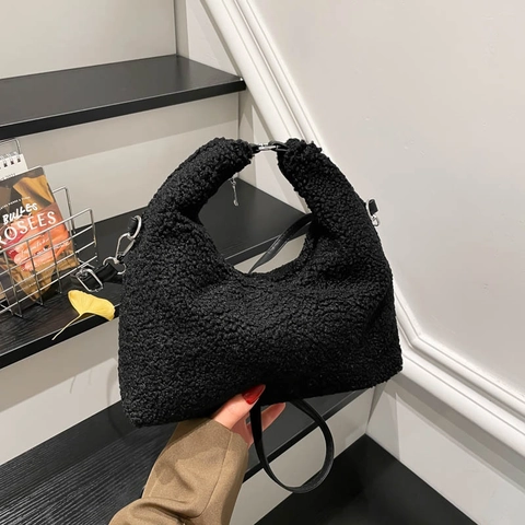 Bolso de Hombro Hobo de Peluche para Mujer Teddy Fleece Media Luna Minimalista Casual Color Sólido Bolso Cruzado para Invierno