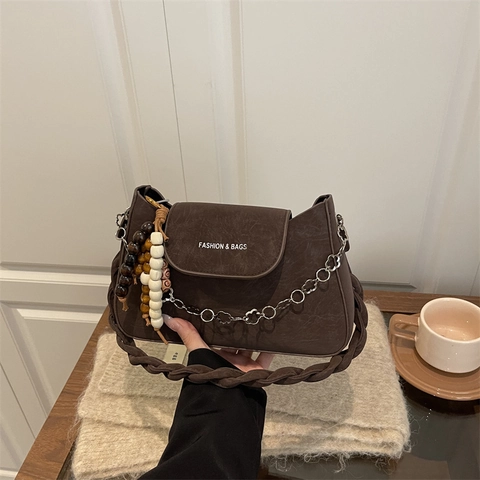Women Shoulder Bag Matte Frosted PU Leather With Braided Strap Metal Flower Chain Korean Retro Chic Underarm Handbag