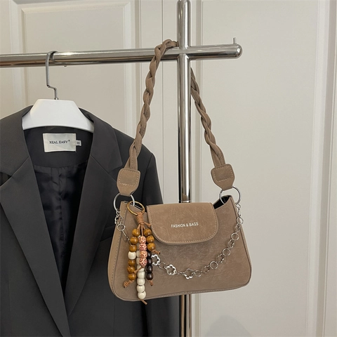 Women Shoulder Bag Matte Frosted PU Leather With Braided Strap Metal Flower Chain Korean Retro Chic Underarm Handbag