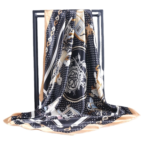 Vintage Horse Carriage Print Square Scarf Satin Polyester Satin Polka Dot Paisley Fashion Headscarf For Women