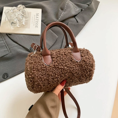 Women Winter Plush Cylinder Shoulder Bag Faux Lamb Wool Crossbody Handbag With PU Leather Handle Solid Color Satchel Purse