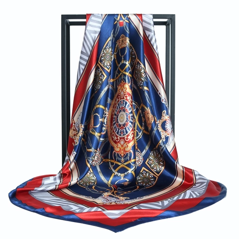 Square Scarf Satin Polyester Satin Feeling Chain Equestrian Print Retro Baroque Style Women Headwrap Hijab Fashion Accessory