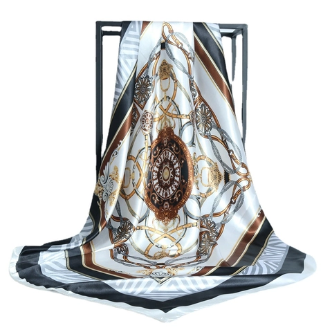 Square Scarf Satin Polyester Satin Feeling Chain Equestrian Print Retro Baroque Style Women Headwrap Hijab Fashion Accessory