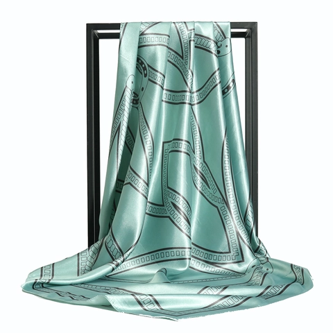 Carré de Soie Satin Mode Femme Élégant Imprimé Floral Chaîne Géométrique Foulard en Satin Aspect Soie Châle Bandana Cheveux Pour Voyage Quotidien