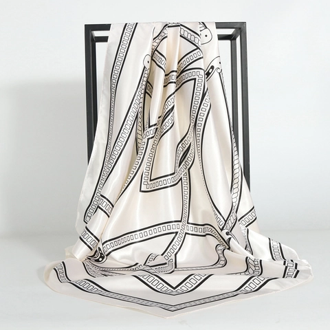 Carré de Soie Satin Mode Femme Élégant Imprimé Floral Chaîne Géométrique Foulard en Satin Aspect Soie Châle Bandana Cheveux Pour Voyage Quotidien