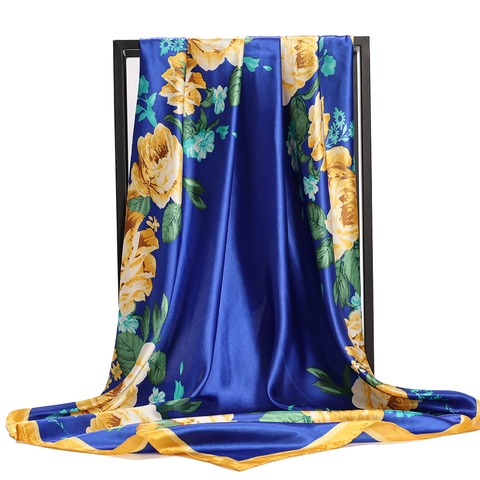 Grand Carré en Satin Vintage pour Femmes avec Imprimé Floral Paisley et Mors de Cheval Hijab Foulard Châle Accessoire