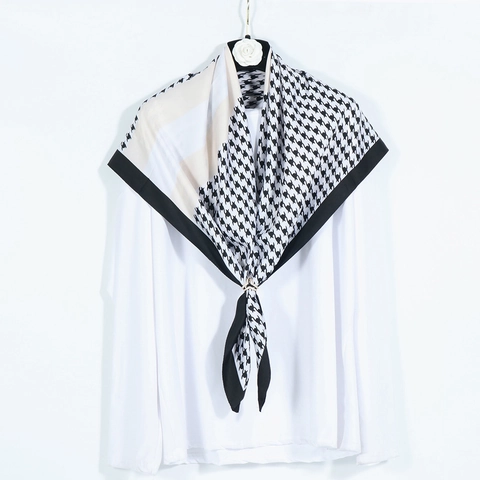 Grande Sciarpa Quadrata In Raso Twill Stampa Pied De Poule Elegante Scialle Per Donna Stile Retrò Francese Hijab