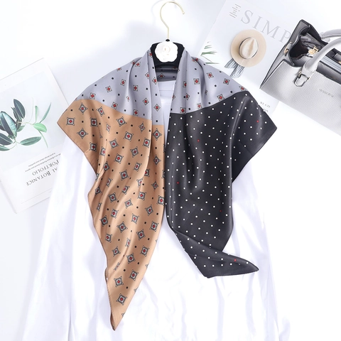 Women Retro Print Square Scarf Twill Satin Hijab Vintage Geometric Pattern Smooth Neck Wrap Lightweight Fashion Accessory
