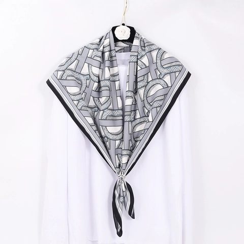 Elegant Square Scarf Twill Satin Polyester Letter Print Geometric Pattern Breathable Shawl Headband For Women