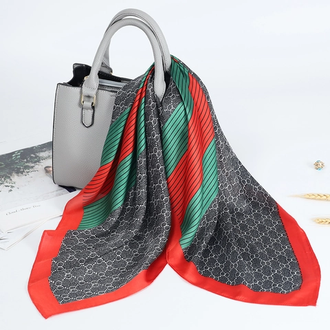 Women Elegant Square Satin Scarf Interlocking Circle Print Retro Stripe Bandana Hair Tie Headwrap Bag Accessory Handkerchief