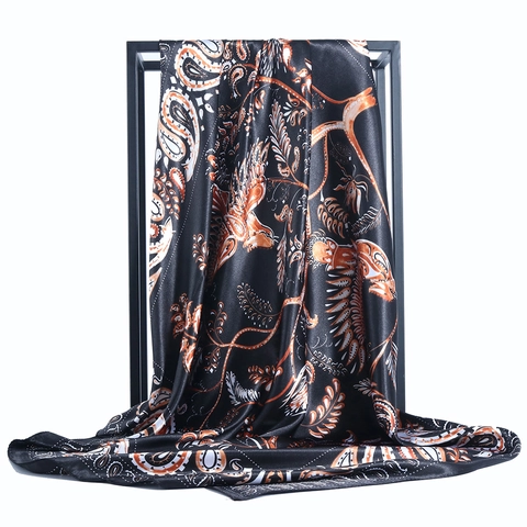 Elegant Satin Polyester Square Scarf With Paisley Phoenix Print Large Satiny Feeling Hijab Headscarf For Women
