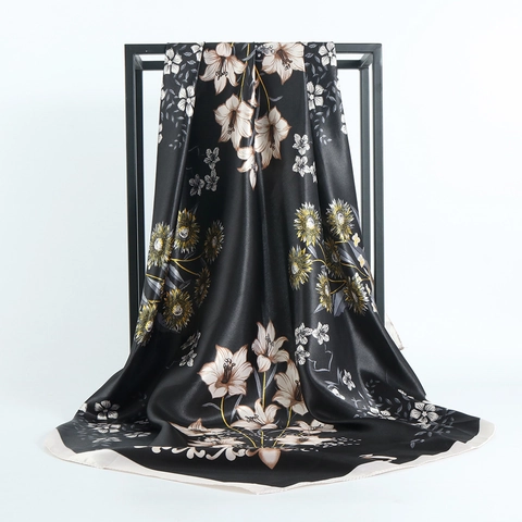 Floral Square Scarf Satin Satin Like Sunflower Lily Print Headscarf Hijab For Women Elegant Fashion Neck Wrap