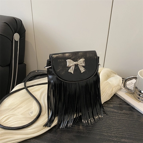 Women Trendy PU Leather Tassel Crossbody Bag Metal Bow Decor Small Square Shoulder Bag Stylish Mobile Phone Bag Handbag