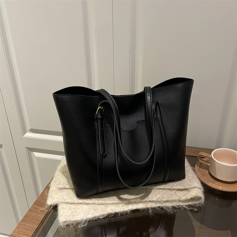 Bolso Tote de Cuero PU de Gran Capacidad para Mujer Bolso de Hombro Minimalista Con Bolsillo Delantero Correa Ajustable Diario