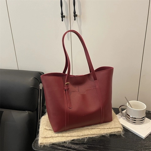 Women Large Capacity PU Leather Tote Bag Minimalist Solid Color Shoulder Bag Autumn Winter Handbag Daily Shopper Bag Fashion