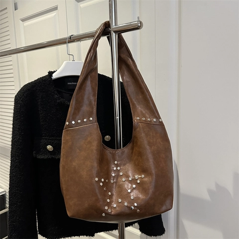 Grote Capaciteit PU Leer Hobo Schoudertas Voor Dames Vintage Onderarm Tote Bag Met Ster Klinknagel Decor Retro Street Style