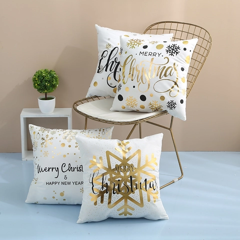 Funda de Cojín Decorativa de Navidad Estampado en Caliente Oro Copo de Nieve Funda para Sofá Hogar Felpa
