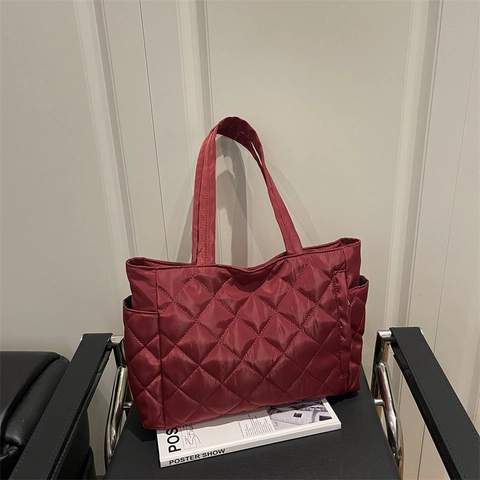 Bolso Tote Acolchado de Gran Capacidad para Mujer de Algodón con Patrón de Rombos de Color Sólido Bolso de Hombro Diario