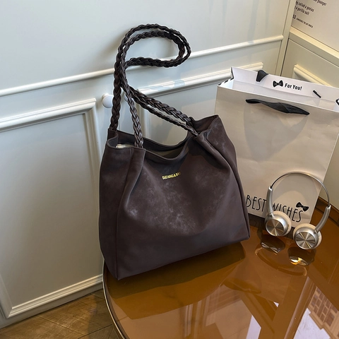 Damen Große Kapazität Tote Tasche Mattiertes PU Leder Retro Wildleder Textur Handtasche Geflochtene Schultergurte Pendeln
