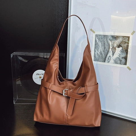 Sac Tote Vintage en Cuir PU pour Femmes Grande Capacité Sac à Bandoulière Sous le Bras Avec Décoration de Boucle Minimaliste