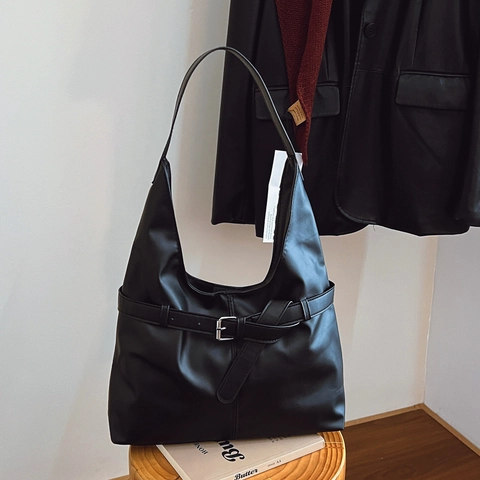 Sac Tote Vintage en Cuir PU pour Femmes Grande Capacité Sac à Bandoulière Sous le Bras Avec Décoration de Boucle Minimaliste