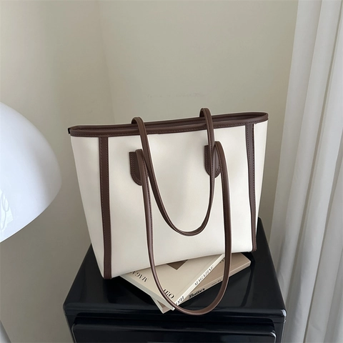 Bolso Tote Grande y Minimalista de Cuero PU Para Mujer Color de Contraste Bolso de Hombro para Trabajo Bolso de Mano para Viaje y Ocio