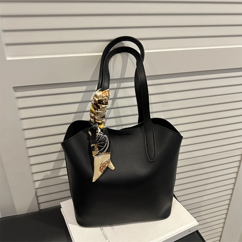 Sac Fourre-tout Minimaliste en Cuir PU Avec Foulard Décoratif Grande Capacité Bureau Trajet Sac à Main Femme