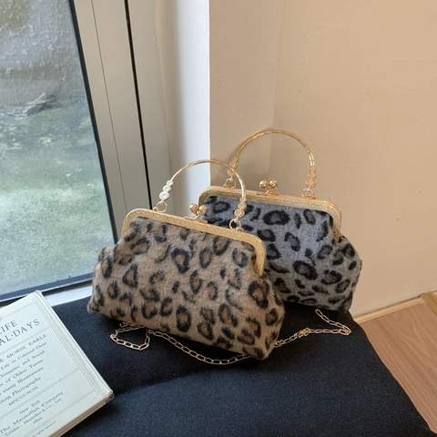Vintage Luipaardprint Kunstbont Kussluiting Schoudertas Met Metalen Handvat Gouden Ketting Crossbody Tas Voor Vrouwen Handtas