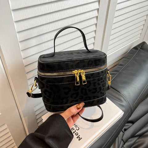 Borsa a Scatola Vintage con Stampa Leopardata per Donna in Pelle PU Borsa a Mano Piccola Tracolla Vanity Case Oro Cerniera
