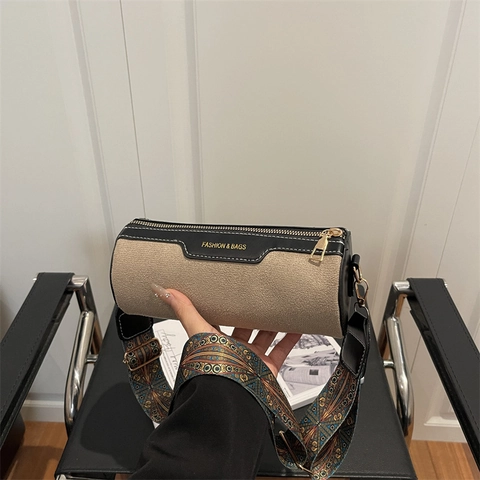 Women Retro Frosted Suede Cylinder Crossbody Bag With Ethnic Geometric Print Wide Shoulder Strap Fashion Barrel Shoulder Bag