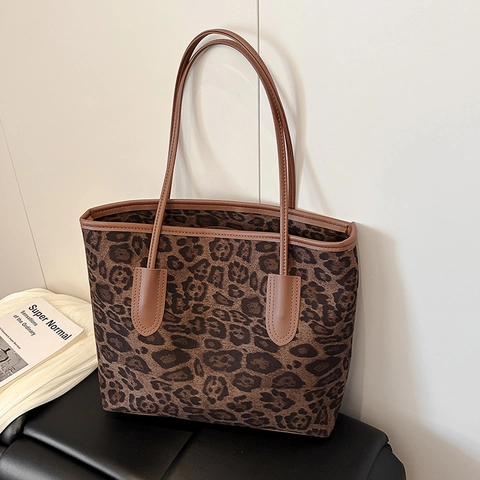 Borsa Tote da Donna con Stampa Leopardata di Moda Grande Capacità in Pelle PU Borsa a Tracolla Retro Casual per il Pendolarismo