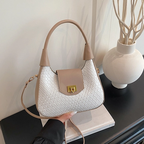 Sac Hobo Croissant Pour Femmes En Cuir PU Tissé Style Français Vintage Sac À Main Bandoulière Avec Fermoir Métallique