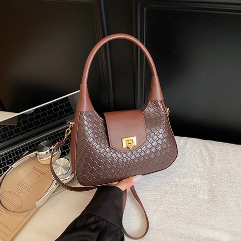 Woven PU Leather Hobo Bag With Gold Metal Lock Detachable Shoulder Strap Crescent Shoulder Bag For Women