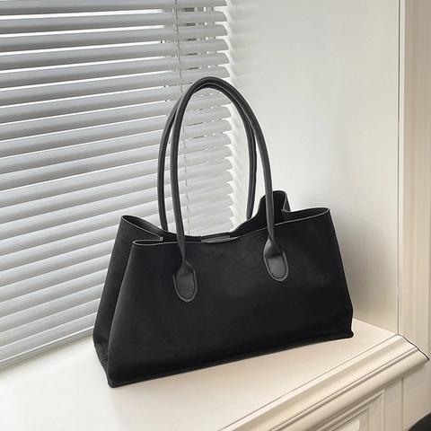 Vintage Faux Suede Large Capacity Tote Bag For Women Minimalist Solid Color Zipper Shoulder Bag Commuter Underarm Handbag